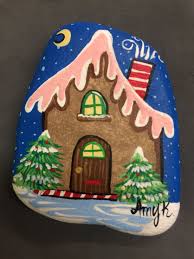 Apparently one can see hansel house from the street (or via street view on google maps) but gretel house is obscured from view because of the gardens on the property. Hand Painted Gingerbread House Rock Rock Painting Designs Christmas Paintings Rock Crafts