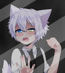 commentary, english commentary, highres, 1boy, animal ears, black necktie,  blue eyes, blush, fangs, heterochromia, kyou 0120, long sleeves, looking at  viewer, lumine (lumine (webtoon)), lumine (webtoon), necktie, open mouth,  sleeves rolled up,