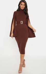 Chocolate Brown High Neck Flare Sleeve Belted Midi Dress Brown Midi Dress Belted Midi Dress Dresses