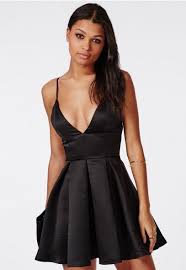 Missguided Satin Plunge Structured Skater Dress Black Black Skater Dress Necklines For Dresses Designer Party Wear Dresses