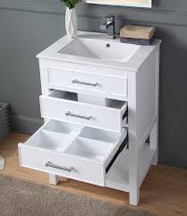 This petite vanity cabinet is 24 3/4″ wide and only 10.5″ deep, perfect for a bathroom where floor space is at a premium. 24 Tennant Brand Aruzza Small Slim Narrow White Bathroom Vanity 282 Chans Furniture