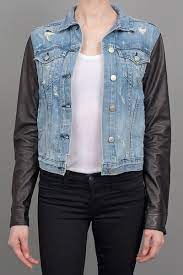 Leather Sleeve Denim Jacket Tattered Lyst Jackets Jackets For Women Denim Jacket