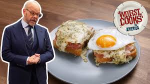 Season the meat and the bones all over with the salt and pepper. Alton Brown Makes A Croque Madame Aka Quot Mrs Crunchy Quot Worst Cooks In America Cooking Shows