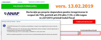227 2015 privind codul fiscal cu modificările și 1 se completeaza declaratia pe propria raspundere pentru inregistrarea in scopuri de tva. DeclaraÈ›ie Pe Propria RÄƒspundere Pentru Inregistrarea In Scopuri De Tva Actualizare NouÄƒ La Pdf Ul Inteligent Anaf Cabinetexpert Ro Blog Contabilitate