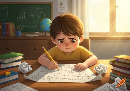 Child looking anxious and overwhelmed while doing maths homework at a desk