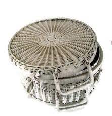 Reserved For S Vintage White Wicker Round Hat Box Rattan Etsy White Wicker Vintage Hat Boxes Wicker
