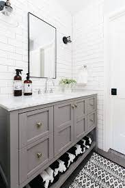 Subway tile is a rectangular tile that typically measures 3 inches by 6 inches, though it can be any rectangular tile with a length twice its height. 12 Bathrooms With Gray Cabinets That Will Melt Your Stress Away Hunker White Vanity Bathroom White Bathroom Tiles Gray Vanity