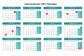 Hier finden sie den kalender 2021 mit nationalen und anderen feiertagen für deutschland. Kostenlos Druckbar Jahreskalender 2021 Thuringia Zum Ausdrucken The Beste Kalender