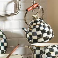 Black And White Checkered Tea Kettle Courtly Check Enamel 3 Qt Tea Kettle With Bird Mackenzie Childs Mackenzie Childs Furniture Tea Kettle