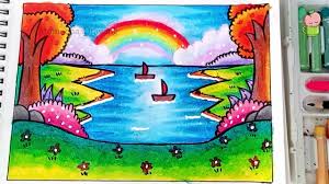 Mewarnai gradasi dengan crayon pemandangan alam rumah dan air terjun drawing scenery of house youtube seni krayon gambar pastel krayon. Cara Menggambar Dan Mewarnai Pemandangan Pelangi How To Draw Easy Rainbow Scenery Oil Pastel Youtube