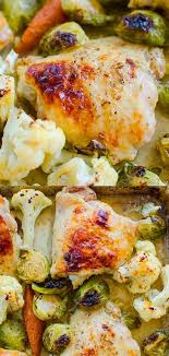 One Pan Chicken With Cauliflower Brussels Sprouts And Carrots Recipe One Pan Dinner Recipes Chicken Recipes Juicy One Pan Chicken