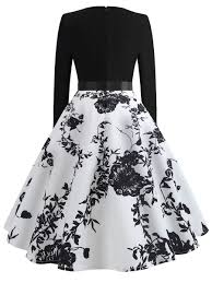 50s Self Tie Floral Print Flared Dress Shein Sheinside Long Sleeve Vintage Dresses Cute Prom Dresses Nice Dresses