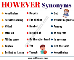However Synonym 24 Useful Words To Use Instead Of However Esl Forums Essay Writing Skills Writing Words English Words