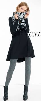 Black And Grey Dress Black Swing Dress Gray Knit Tights Black Ankle Boots Black Swing Dress Swing Dresses Outfit Black Swing Dress Outfit