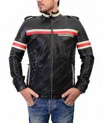 Mens Slimfit Red And White Striped Biker Leather Jacket Black Biker Jacket Cafe Racer Jacket Black Motorcycle Jacket