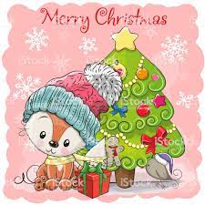 Greeting Card Cute Cartoon Fox In A Hat And Scarf Cute Christmas Cards Christmas Cartoon Characters Cartoon Christmas Tree