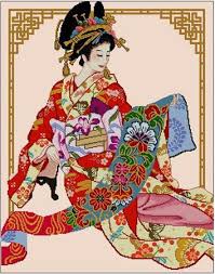 Asian Geisha Admiring The Prints By Cross Stitch Designs Rinna