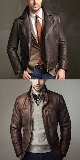 Lapel Long Sleeve Brown Leather Jacket Brown Jacket Lapel Leather Long Sleeve In 2020 Sports Fashion Men Mens Outfits Brown Leather Jacket