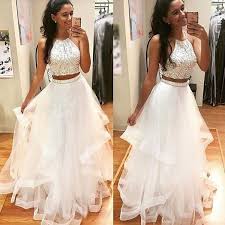154 99 Long Junior White A Line Halter Sleeveless Beading Prom Dresses 2020 Two Piece For Short Girls Halter Prom Dresses A Line Prom Dresses Two Piece Evening Dresses