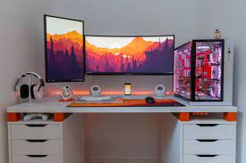 How to build the ikea gaming desk. Desk Ikea Linnmon With Alex Drawers And Orange Painted Woodblock Risers Gaming Room Setup Room Setup Computer Desk Setup