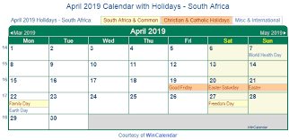 April 2019 Calendar With Holidays South Africa 2019 Calendar Us Holiday Calendar Federal Holiday Calendar