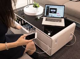 A Futuristic Coffee Table That Can Charge Your Phone And Store Your Beers Coffee Table With Fridge Cool Coffee Tables Smart Table