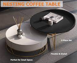 Round Nesting Coffee Table With Storage Rotatable Drawers Wood In White Black Round Nesting Coffee Tables Nesting Coffee Tables Coffee Table Decor Living Room