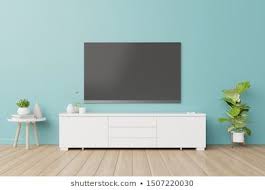 Smart Tv Mockup On Stand Living Room Blue Wall Background 3d Rendering Living Room Interior Royalty Free Stoc Blue Living Room Blue Walls Living Room Interior