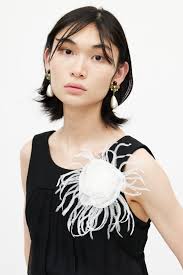 Chanel // White Silk & Feather Camellia Brooch