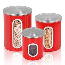 Our decorative food storage containers have been designed to hold sugar, coffee, and tea. Canisters Set 3 Piece Window Kitchen Canister With Fingerprint Resistance Lids Red Shopperclubusa