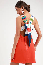 Joyful Red Orange Multi Stripe Tie Back Mini Dress Fashion Mini Dress Striped Tie