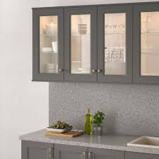 Hi, i have a light grey gloss kitchen and cant decide what colour to paint the walls, the kitchen/diner is north east facing, the floor is a classic oak wood and the work surfaces white with grey speckles, we are having a glass splash back the kitchen in a dark grey, our hallway is in dulux polished pebble, and it goes in to the open plan kitchen/diner so i. Axstad Glass Door Dark Gray 15x30 Ikea Kitchen Remodel Kitchen Design Glass Door