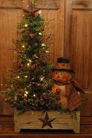 Large Handmade Primitive Snowman Doll Lighted Winter Tree Wood Box Folk Art Naivep Primitive Christmas Tree Primitive Christmas Decorating Primitive Christmas