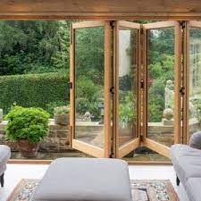 Satin etch ,8' 3/4 lite 1 panel, oak, fiberglass exterior door 2 sides hvhz impact. External Bifold Doors Oak And Painted Timber Range Native Joinery