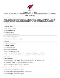 Tuesday, July 23, 2024 REGULAR SESSION OF THE BOARD OF SCHOOL TRUSTEES OF  THE SCHOOL CITY OF EAST CHICAGO