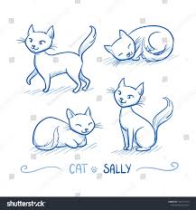 Cute Cartoon Female Cat With Happy Expression Walking Sitting Sleeping Hand Drawn Doodle Vector Illustration Walking Cartoon Cat Outline Images Cat Drawing