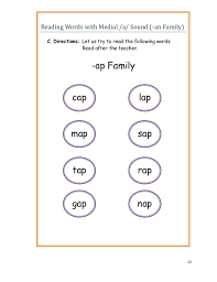 12 Cat Tttt Reading Words With Medial A Sound An Family C Directions Let Us Try To Read The Following Words Read A Reading Words Medial Sounds Words