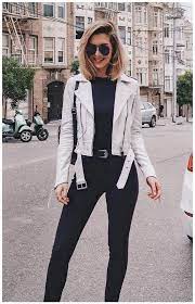 60 Black And White Outfits Make You Fashionable Educabit White Leather Jacket Outfit White Jacket Outfit Jacket Outfits