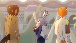 Zootopia anime style. Naked young girls do yoga on the grass