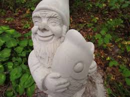 13" Tall Cement Gnome Elf With Trophy Fish Bass? Garden Art Concrete Statue 