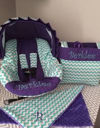 4pc On The Go Set With Turuoise Chevron Purple Infant Car Seat Cover With Visor And Diaper Bag With Free Name Baby Car Seats Car Seats Infant Car Seat Cover