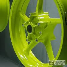 Black And Green Motorcycle Rims Prismatic Powders Powder Coated Yamaha Motorcycle Rims In Neon Yellow Yamaha Motorcycle Neon Yellow Yamaha