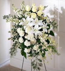 Arrangements come in a variety of colors, shapes and sizes, and bacopa flowers are typically easy to source, and roses tend to bloom in the spring or summer. Quiet Tribute Standing Spray San Francisco Funeral Flowers Colma Funeral Florist Funeral Flower Arrangements Chinese Funeral