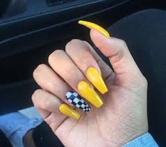 Acrylic Coffin Shaped Black And Yellow Nails Pin On Nails