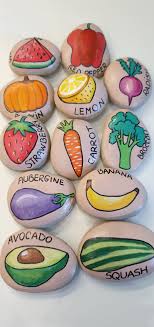 Fruit And Vegetables Story Stones Paint Avocado Banana Carrot Hand Painted Stone Painting Vegetable Painting Rock Crafts
