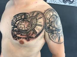 Black And Grey Chest Tattoo Black Grey Tattoo Realistic Clock Lots Of Detail Arm Chest