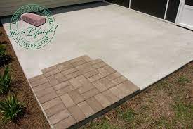 The underlying concrete doesn't allow for the pavers to give, so they're more likely to rock and crack. Thin Pavers Lowcountry Paver Concrete Slab Patio Pavers Over Concrete Patio Remodel