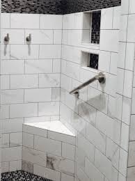 Shower Seat Black White Grey Ceramic And Glass Tile And Brushed Nickel Shower Accessories Bathroom Design Small Shower Seat Shower Accessories