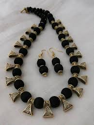 Black And Gold Jewelry Set Black Silk Thread Necklace And Earrings Jewelry Set Handmade Indian Jewelry Necklace And Earrings Black Gold Jewelry Fashion Black Jewelry Silk Thread Jewelry