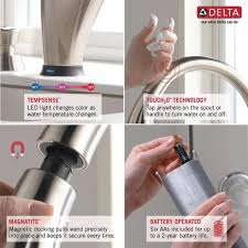 If low flow persists, unscrew hose from spray head and clean debris from screen. Delta Pivotal Single Handle Pull Down Sprayer Kitchen Faucet With Touch2o Technology And Magnatite Docking In Chrome 9193t Dst The Home Depot